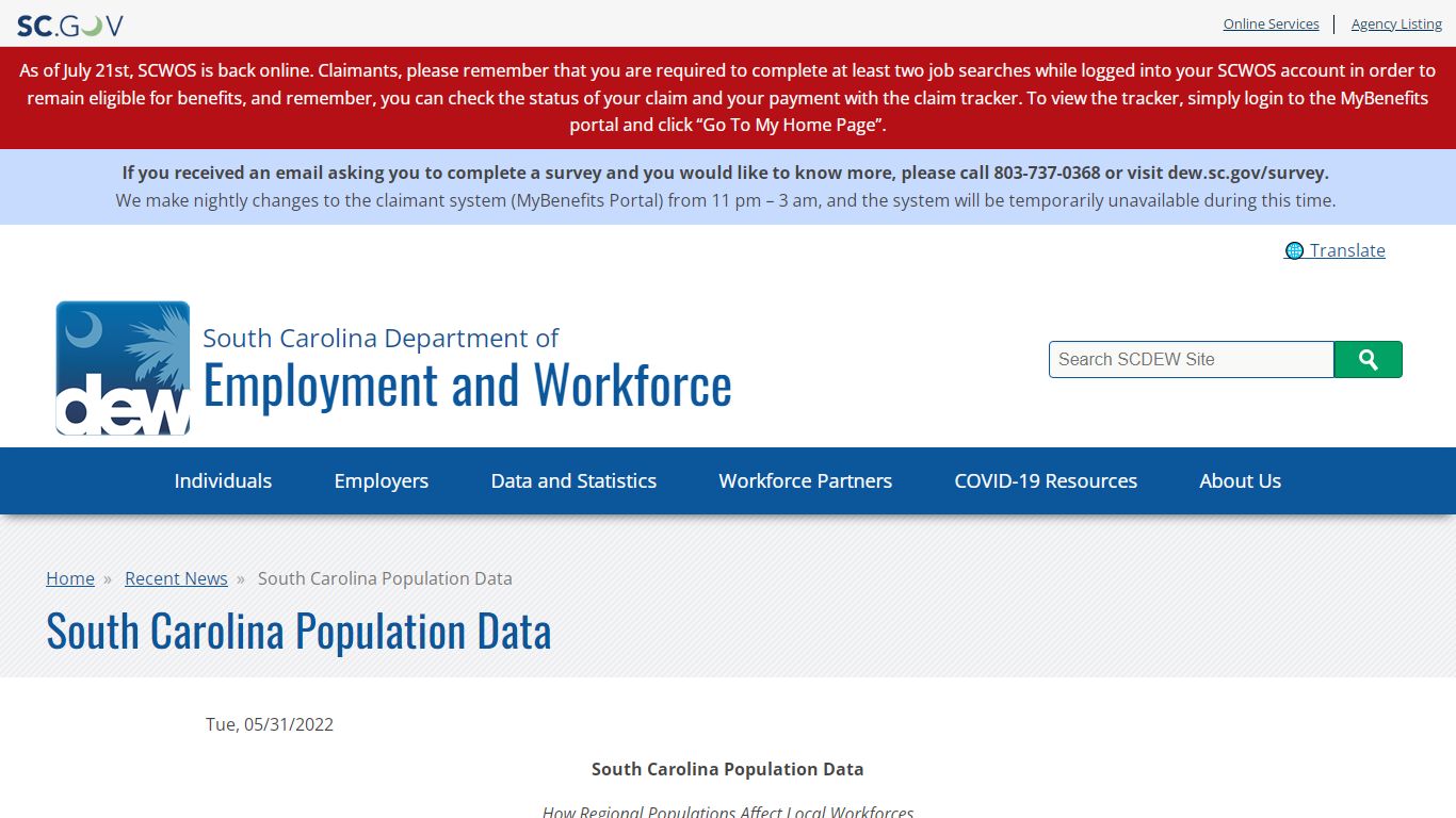 South Carolina Population Data